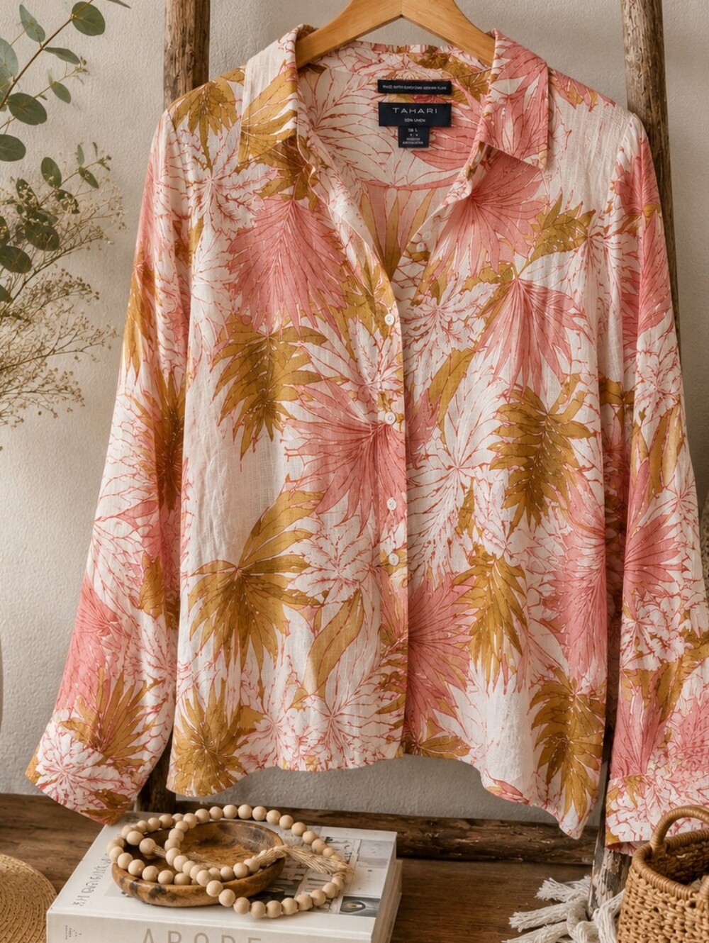 Tahari Pink & Gold Floral Button-Front Women's Blouse